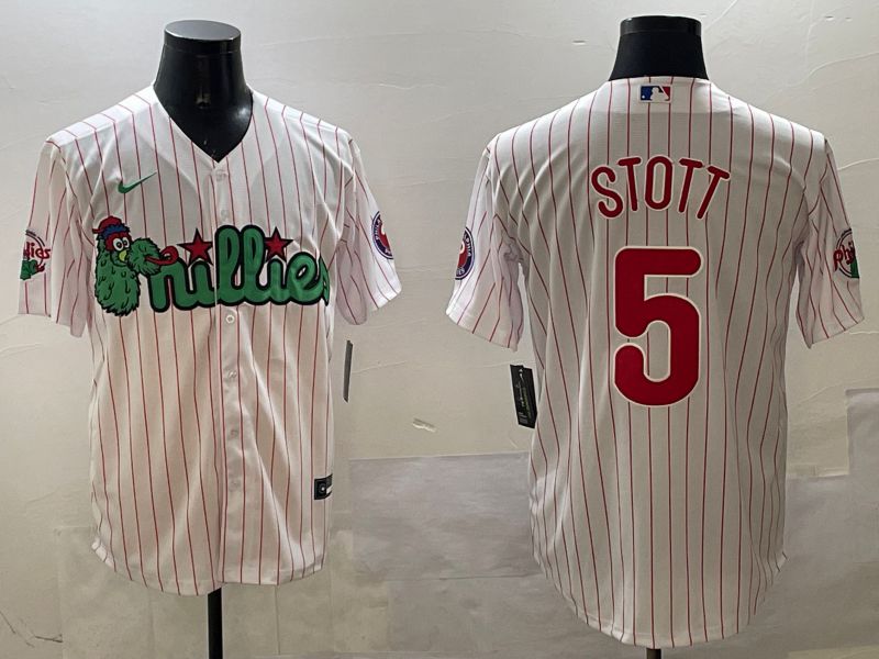 Men Philadelphia Phillies #5 Stott White Stripe Three generations Joint Name Game 2025 Nike MLB Jersey style 1